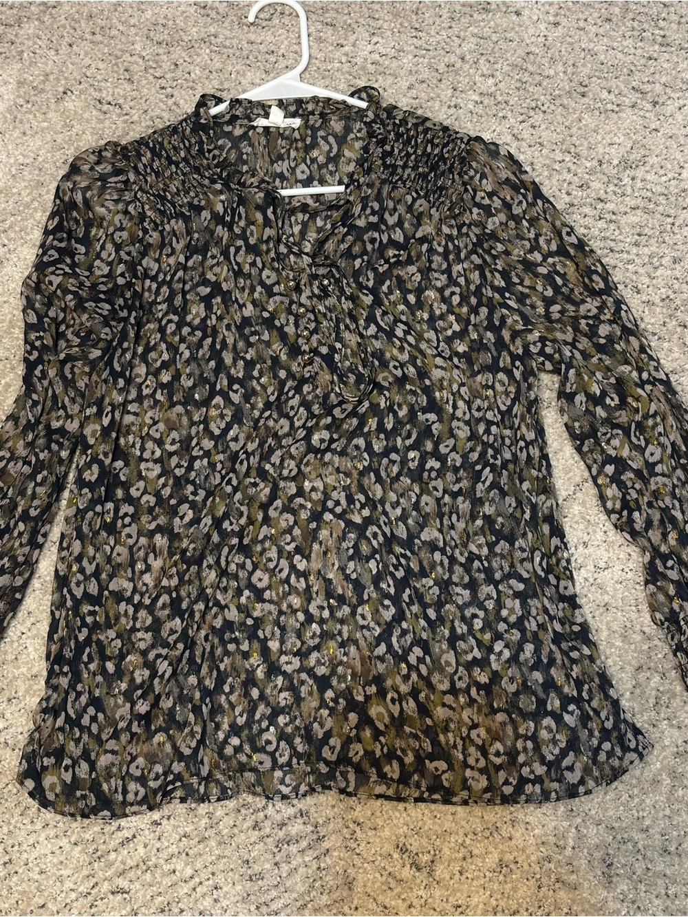Sheer Smocked-Neck Blouse in Black and Olive